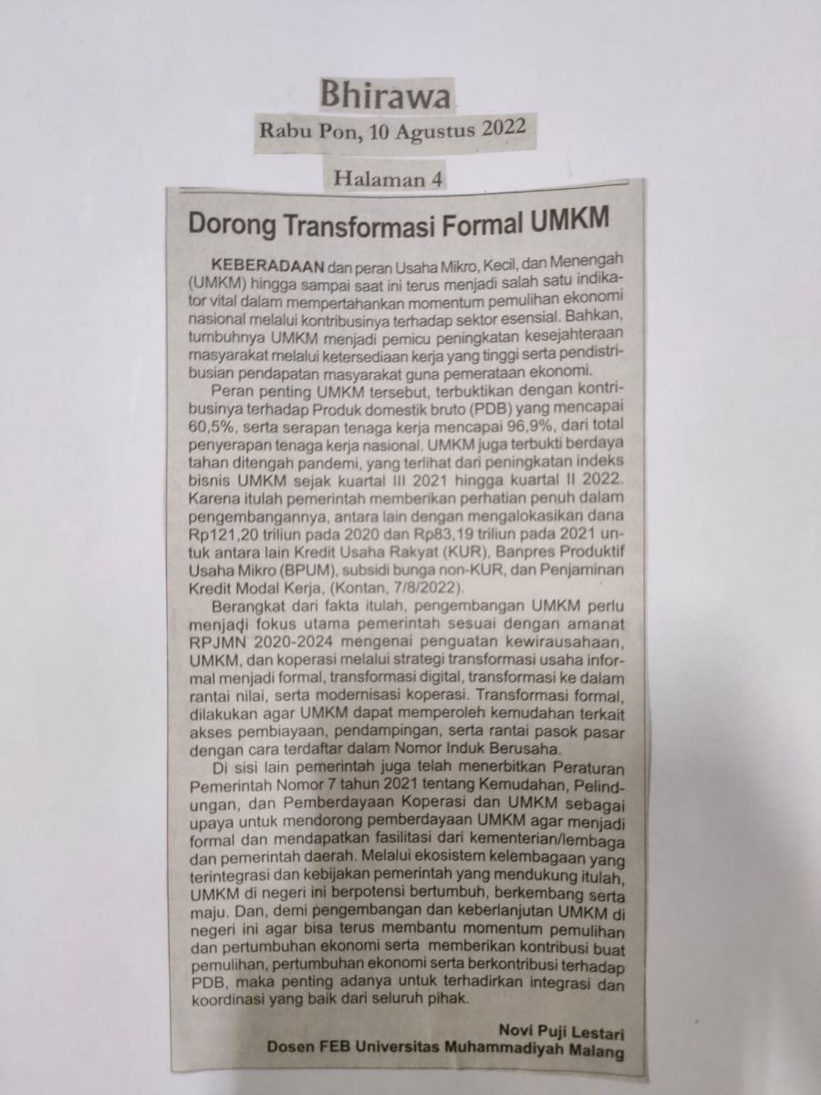 Dorong Transformasi Formal Umkm Bhirawa Umm Dalam Berita Koran